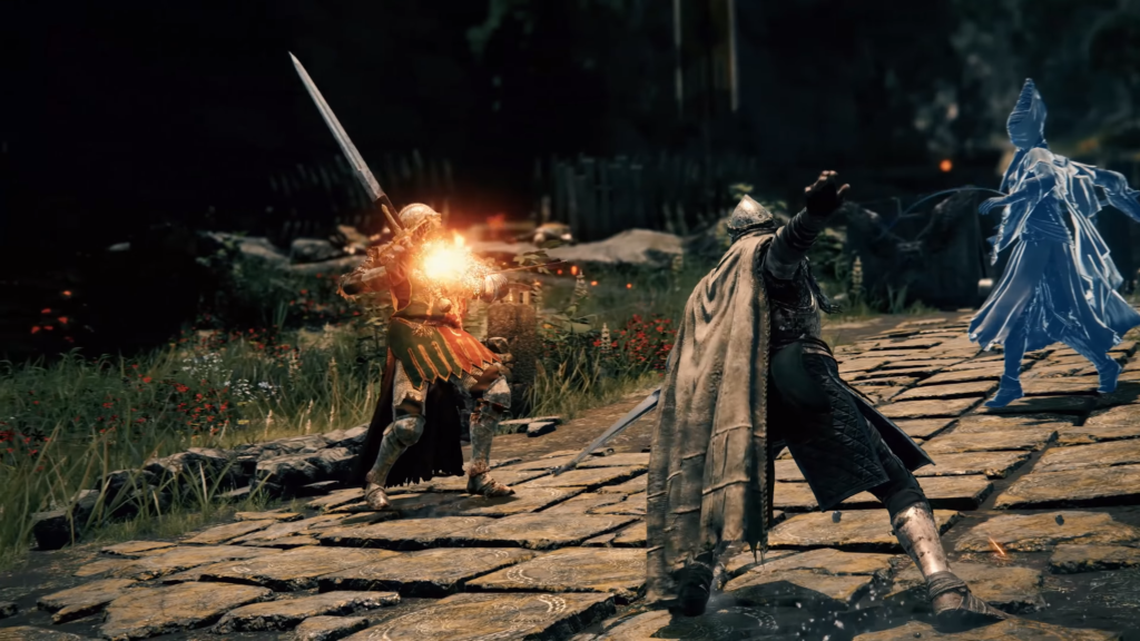 Screen shot from Elden Ring of the player character fighting alongside a phantom